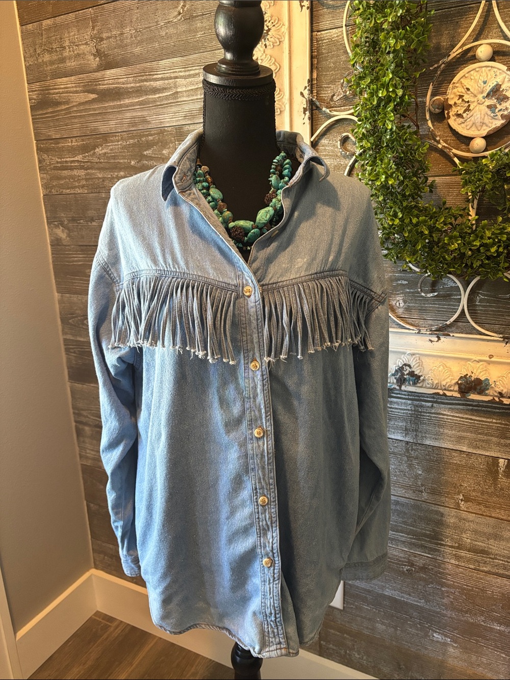 Wanted (Size M) Vintage Fringed Light Wash Denim Button-Up Shirt